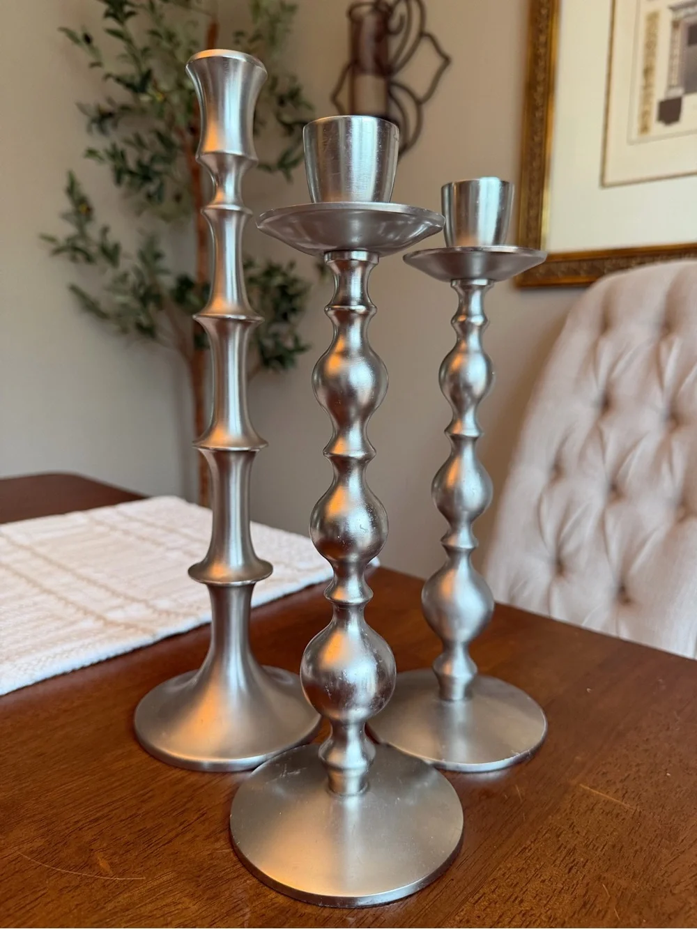 Crate&Barrel Silver Three-Piece Taper Candle Holder Set